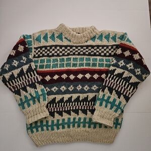 Vintage Handknit Ice-Ame Wool 90’s Fisherman Ecuador Large Cream Blue Purple